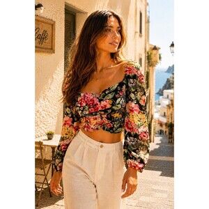 Zara Dora Crop Top Floral Ruched Long Sleeve Romantic Sweetheart Blouse WMNS XS